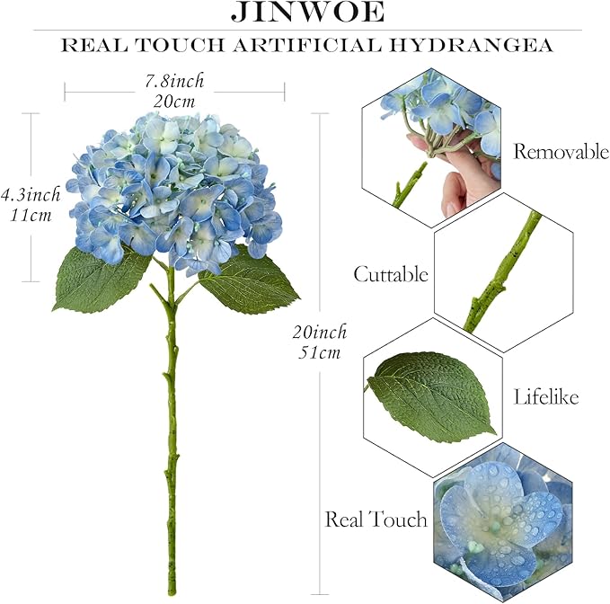 Blue Faux Hydrangea Flowers for Decoration,4Pcs 20" Real Touch Lifelike Faux Flowers, Full Fake Artificial Hydrangeas with Stems for Bouquet Table Centerpieces Spring Home Decoration