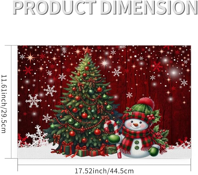 Xmas Christmas Tree Snowman Red Placemats Set of 1 PVC Vinyl Non Slip Table Mats Heat Resistant Place Mats Washable Wipeable Dining Table Mat for Kitchen Decor Party Indoor Outdoor Decorative Gift