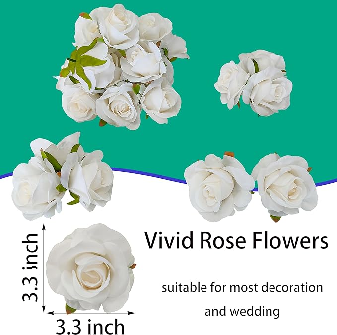Artificial Satin Rose Flower Heads,42 Pcs Silk Rose Heads with Stems,3.5'' Rose Artificial Flowers Bulk,Artificial Rose Flower Heads for DIY Crafts Bouquet (42, White)