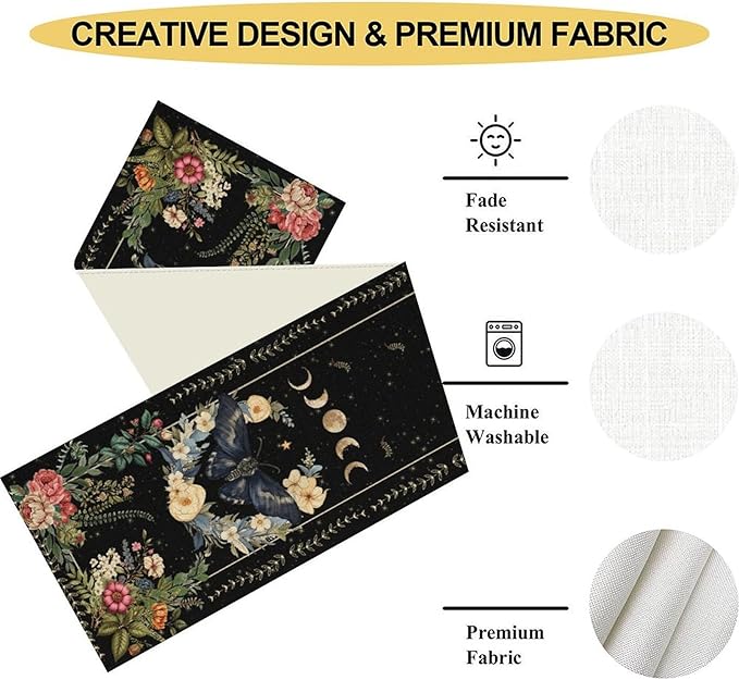Gothic Moth Table Runner, Boho Vintage Floral Gothic Sun Moon Phase Mystical Witchy Farmhouse Coffee Table Center Decor for Home Kitchen Dining Patio Holiday Party Table Decorations 13x108 inches