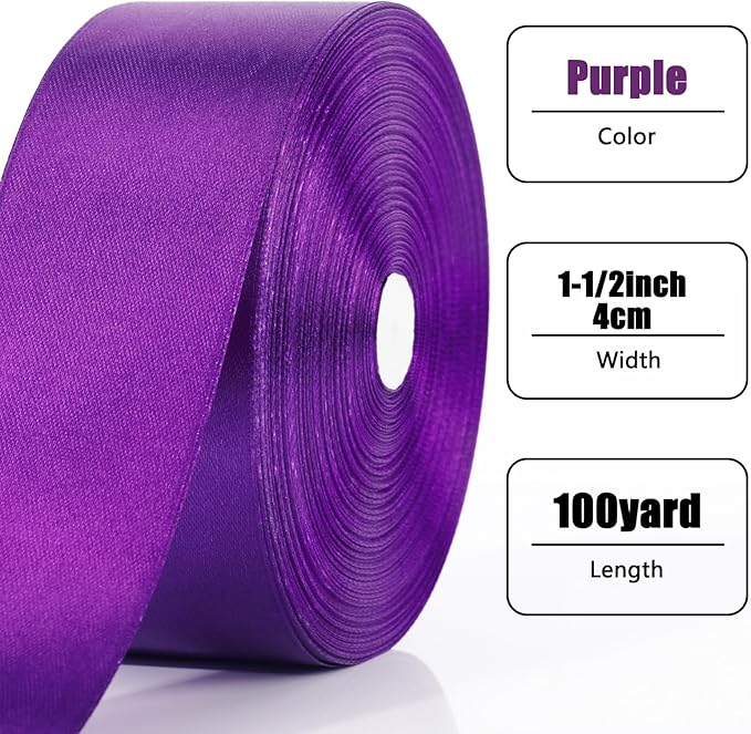 NESCCI 100 Yards Ribbon,1-1/2 Inch Purple Satin Ribbon,Single Face Satin Ribbons,Perfect for Gift Wrapping,Wedding Decoration,Handmade Bows,Wrapping Bouquet and More