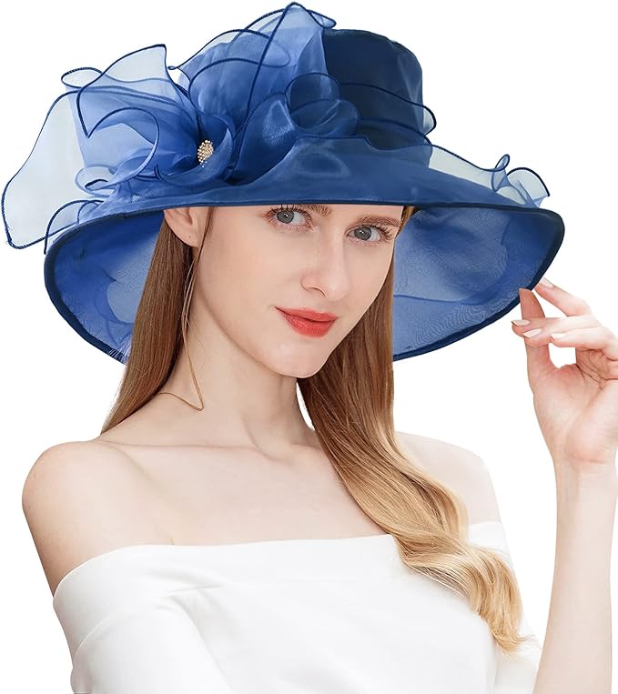 Organza Derby Hats for Women Wide Brim Fascinator Hat Rose Flower Wedding Tea Party Hat