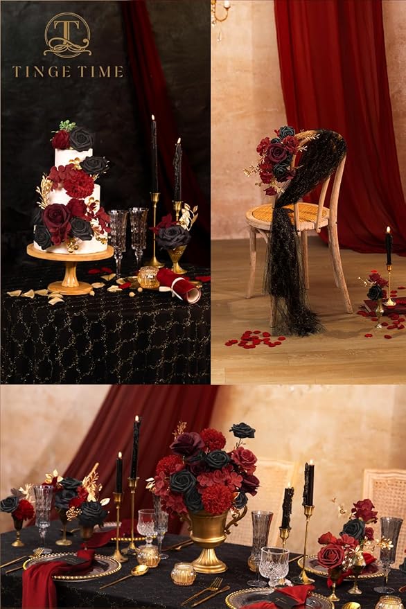 TINGE TIME Rose Artificial Flowers Combo, Gradient Color Faux Foam Roses with Stems for DIY Wedding Bridal Shower Party Table Centerpieces Fake Floral Arrangement Home Decor (Gothic Black & Red)