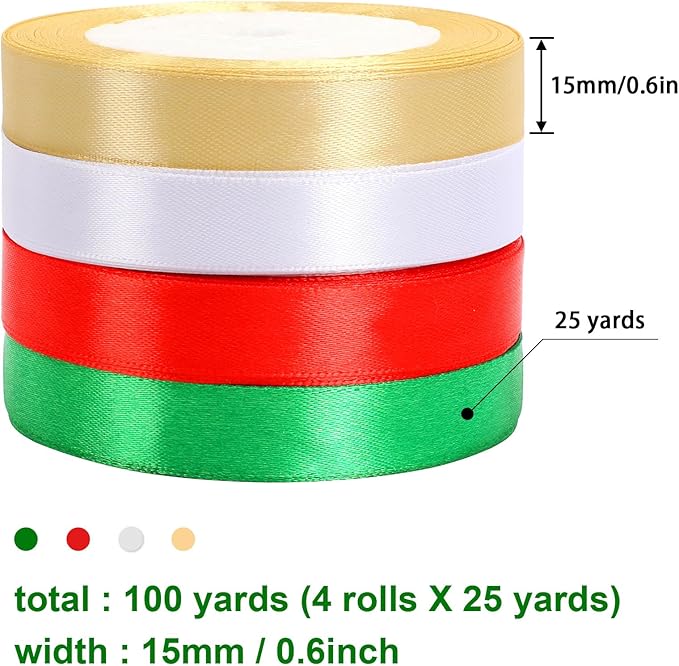 DECYOOL 4 Rolls 100 Yards Christmas Satin Ribbons 15mm Wide Holiday Craft Ribbons for Gift Wrapping and Xmas Decoration, Red & Green & Gold & White