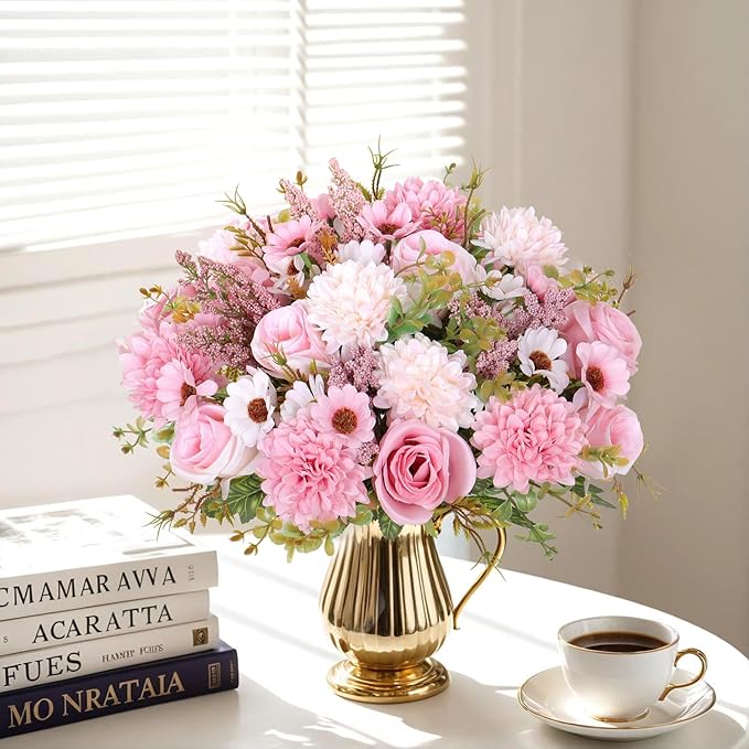 Dremisland Artificial Flowers Like Real Artificial Bouquet 2 Packs Silk Artificial Roses Bouquet with Daisy Chrysanthemum Pink Flowers for Centerpiece Table Wedding Party Home Decor