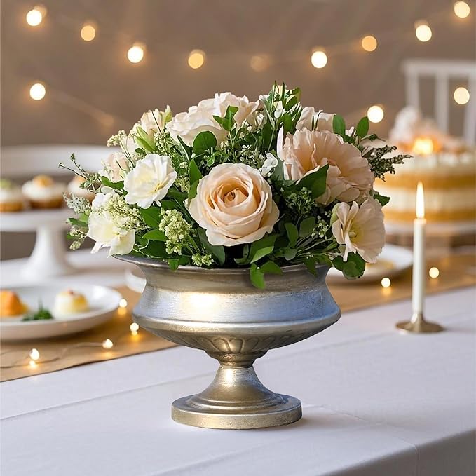 Worth 8" H. Silver Color Urn Vase for Centerpieces, 11.8" Dia. Metal Trumpet Small Flower Pots for Table, Bowl Vase for Wedding Party Event Home Decor