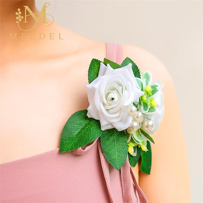 Meldel White Corsage and Boutonniere Set,Set of 2,Rose Wrist Corsage Wristlet Bracelet for Bride Bridesmaid Girls,Boutonniere for Men,Groomsmen and Groom Boutonniere for Wedding,Prom,Homecoming,Party