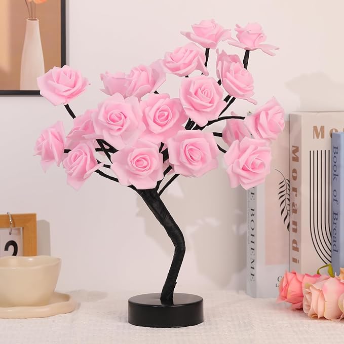 Drawelry Rose Flower Tree Lamp - LED Rose Tree Table Lamp USB/Battery Powered Artificial Bonsai Flower Night Light for Bedroom Living Room Party Wedding Birthday Decor (Pink)