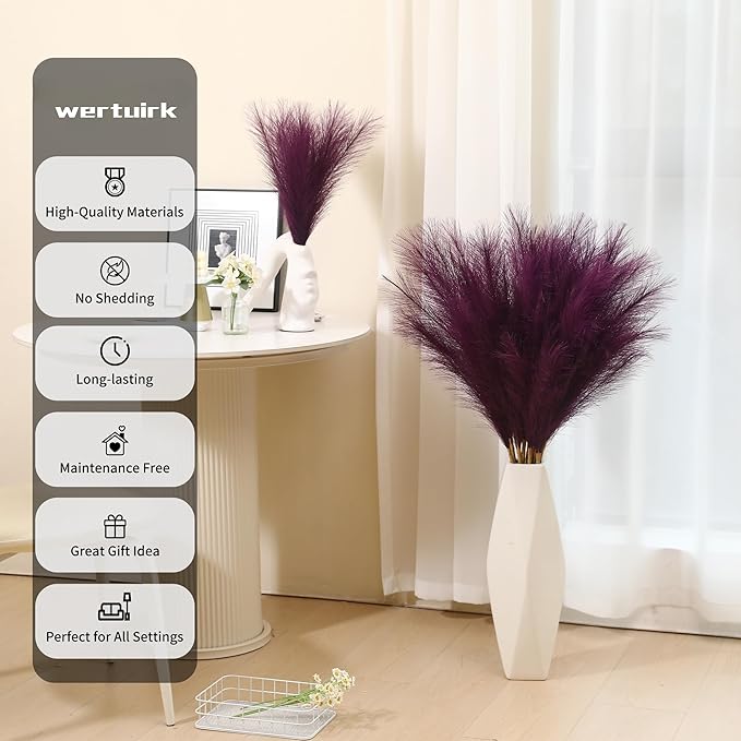 9 Stems Purple Pampas Grass - 38 Inch Tall Faux Pompous Grass Decor, Big Artificial Pompas Floral for Vase Filler, Wedding, Party and Home Decor (Purple)