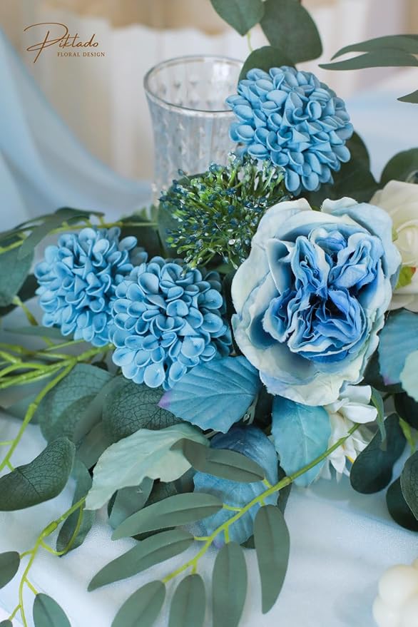 Artificial Wedding Cake Flowers Dahlia Flowers 25 pcs Fake Roses w/Stem for DIY Wedding Decor Centerpieces Arrangements Bouquets (Light Grayish Blue)