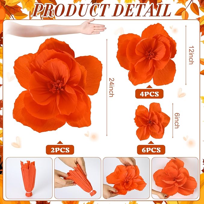 Giant Paper Flowers Artificial Large Paper Flower Decoration for Handcrafted Wall Backdrop Christmas Mexican Wedding Graduation Bridal Shower Birthday Party Supplies(Orange,12 Pcs)