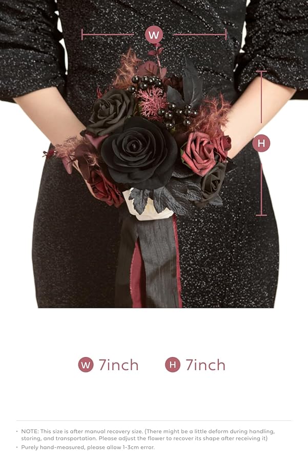 Ling's moment Artificial Flowers Gothic Bridesmaid Bouquet Set of 4, Burgundy and Black Wedding Flowers Bouquets for Bridesmaids 7 Inch Bridal Bouquets for Bridesmaids, Wedding, Ceremony, Anniversary