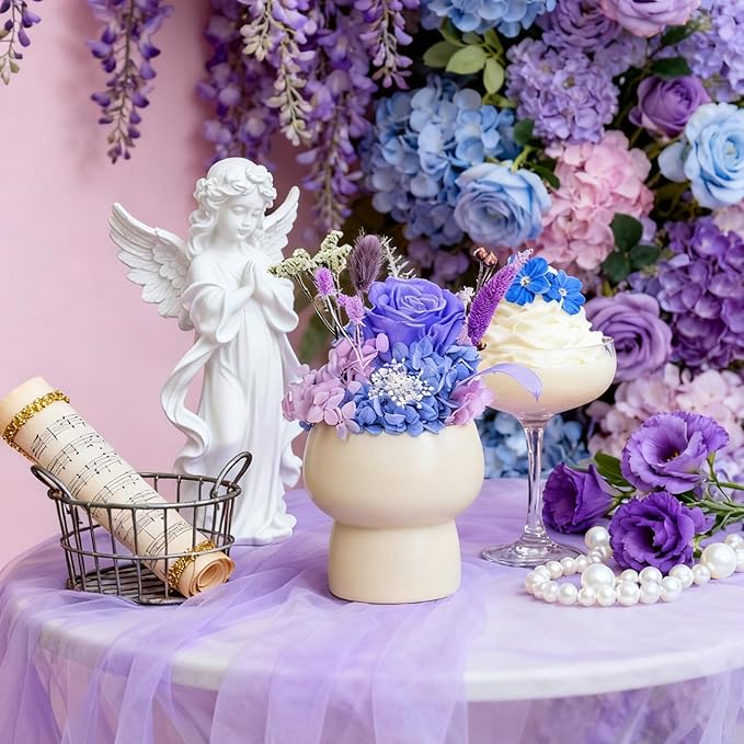 Preserved Floral Gift Set, Everlasting Rose in Small Ceramic Pot - Lasting Beauty for Home Table Decor, Mother's Day, Valentine's Day, Birthday, and Anniversary (Purple)