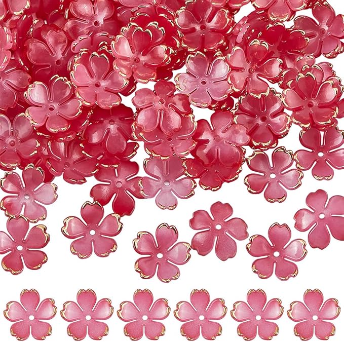 SUNNYCLUE 1 Box 200pcs Plastic Flower Bead Caps Acrylic Bead Caps Cerise Red Clear Gradient Spring Flowers Sakuras Spacer Bead Bulk for Jewelry Making Friendship Graduation Decorations DIY Crafts