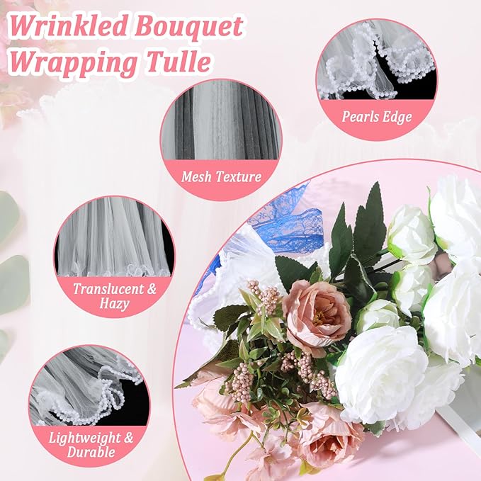 Quilax 4.16 Yards flower Bouquet Wrapping Paper, Pearl Edge Flower Wrapping Paper, Wrinkled Translucent Floral Papers for Wedding Christmas DIY Crafts Gift Packaging Bouquet Accessories