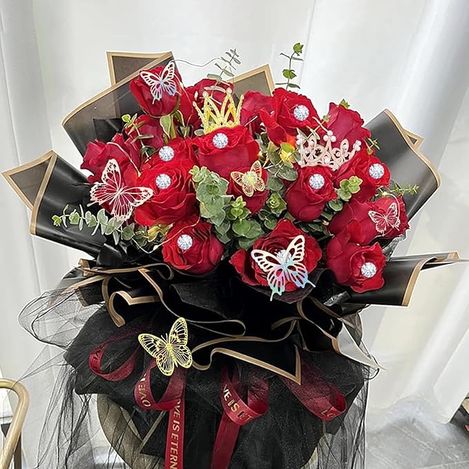 Majreey Floral Wrapping Paper Kit, 60Sheet Waterproof Floral Paper, 3Rolls Ribbon for Flower Bouquet, 2Rolls Transparent Tape,100Pcs Flower Pins, 48Pcs 3D Butterflies, 9Pcs Crowns 3 Floral Foam Blocks