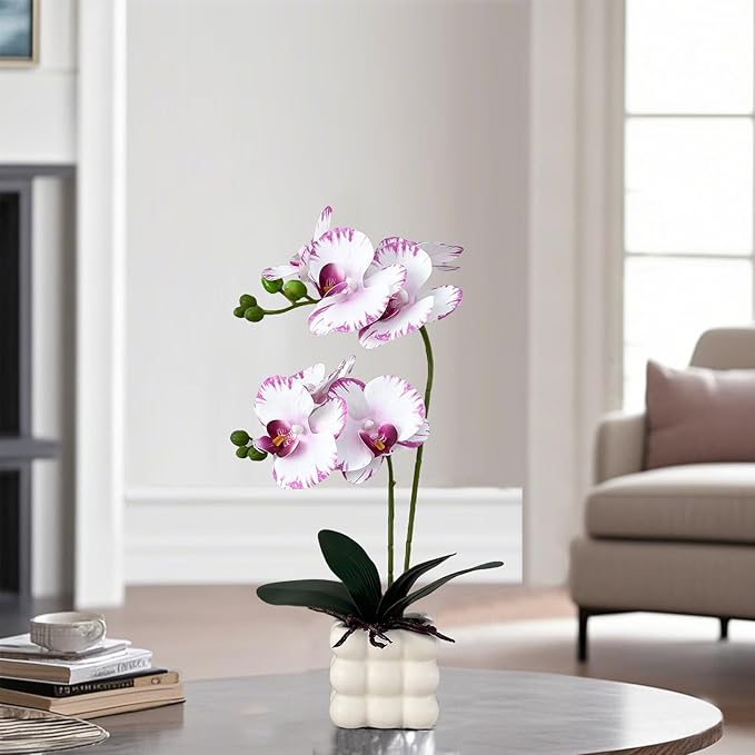 Artificial Orchids in Vase, White Purple Edged, 14 in Height, Home Decor Orchid Artificial Flowers
