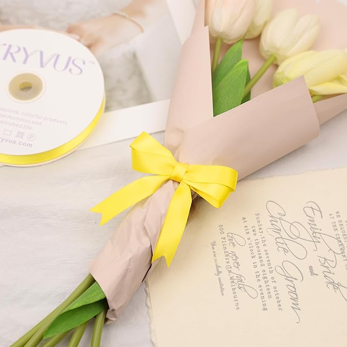 Daffodil Yellow Satin Ribbon, Double Faced 5/8 Inch X 25 Yards Daffodil Ribbon, Premium Satin Ribbon for Gift Wrapping, Crafts, Hair Bow Making, Sewing, Flower Bouquet, Wedding Party Decor