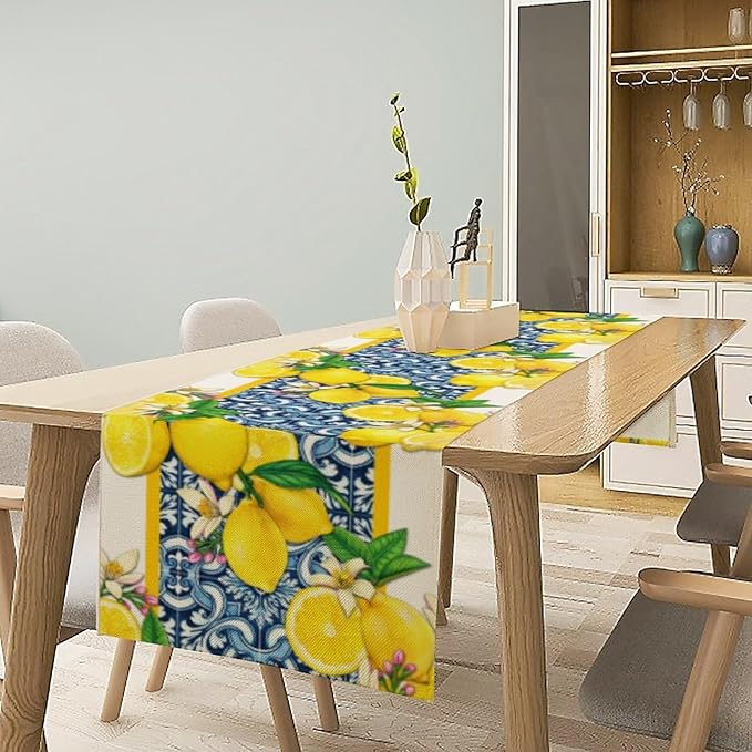 Lemon Table Runner,Summer Blue Tiles Lemons Kitchen Dining Table Decoration Lemons Table Cover for Indoor Outdoor Home Party Decor, 13 x70 Inch