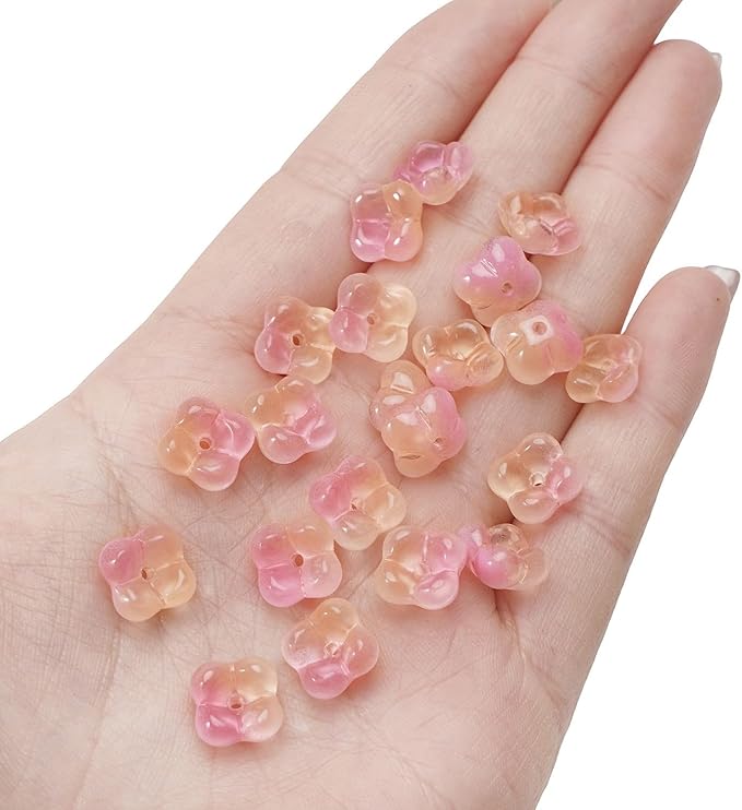 100PCS Glass Flower Beads for Jewelry Making 4 Petal Flower Bead Caps Gradient Cute Floral Beads Aesthetic Charms for Necklace Bracelets Earrings DIY Craft Home Decoration-Pink Yellow