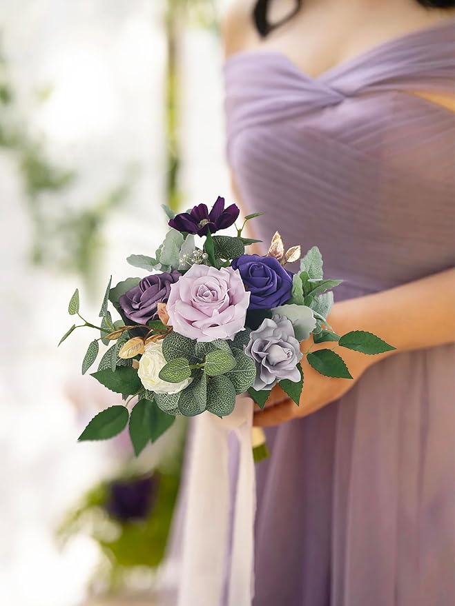 Rinlong 1Pc Purple Bridesmaids Bouquet Artificial Wedding Bouquets for Bridesmaid Silk Bouquet for Wedding Prom Homecoming