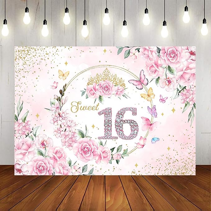 Mocsicka Sweet 16 Backdrop Rose Gold Sweet Sixteen Party Decoration Girls Pink Floral Gold Glitter Butterfly 16 Birthday Banner for Photoshoot (5x3ft)