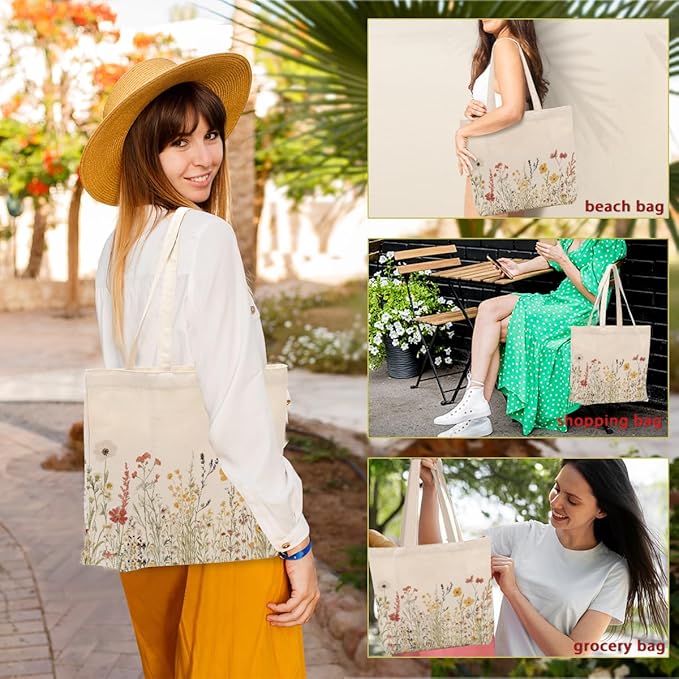 Aesthetic Floral Canvas Tote Bag for Women with Pocket, Tote Bags for Grocery Shopping Travel Christmas Birthday