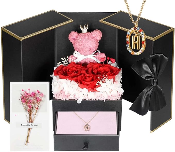 Cute Preserved Real Roses Bear Gift Box for Girlfriend with Initial Necklace H, Unique Birthday Gift for Mom, Her, Grandma, Anniversary Presents for Wife Women