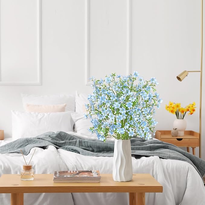 Artificial Flowers 8PCS Silk Flowers with Long Stems, Fake Flowers Bulk Fake Babys Breath, Royal Blue Flowers for Tall Vase Outdoor Garden Wedding Party Home Table (Light Blue, 8PCS)