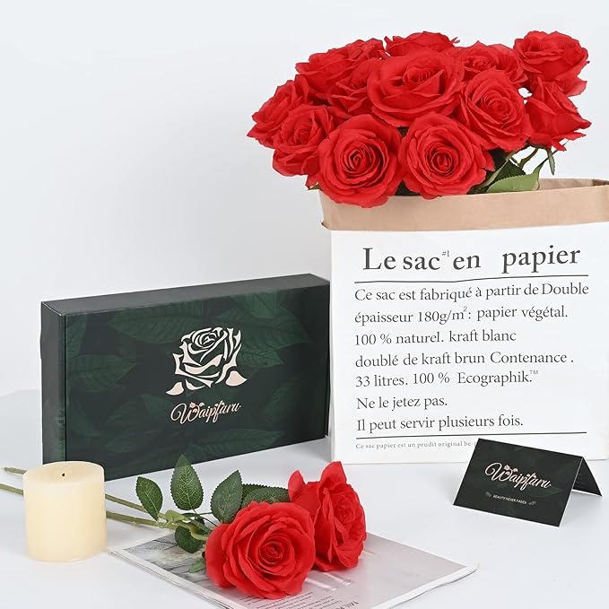 Waipfaru 12 Pcs Artificial Flowers Fake Silk Roses, Faux Real Touch Roses Bouquet with Long Stem for Wedding Party Home Decor (Red)
