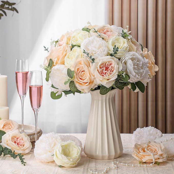 98 Pcs Assorted Faux Flowers Heads with Stem Eucalyptus Leaves Silk Artificial Flowers Bouquet Floral Table Centerpieces for DIY Wedding Party Wreath Home Decoration(Champagne,Stylish Style)