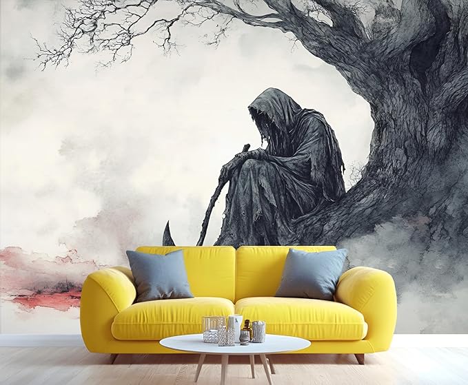 KIREUPA Grim Reaper Sitting Tree Wall Mural, Gothic Death 3d Wall Murals, Gothic Halloween Themed Wallpaper Mural, for Living Room Bedroom Large Wallpaper Indoor Decor 118" W x 82.6 "H