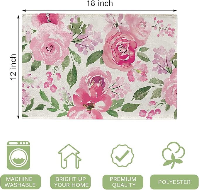 Seliem Spring Summer Watercolor Flower Placemats Set of 4, Pink Peony Floral Dining Table Place Mats, Seasonal Kitchen Decor Home Decoration 12 x 18 Inch