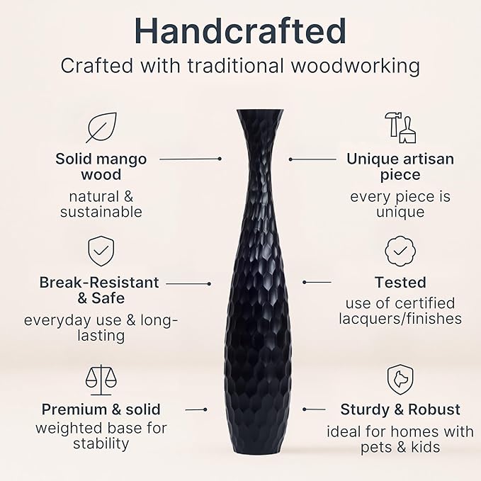 Leewadee Large Black Home Decor Floor Vase - Wooden 41 inch Tall Farmhouse Decor Flower Holder for Fake Plant and Pampas Grass