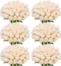 Jexine 50 Pcs Artificial Rose Flower Bulk Realistic Silk Fake Roses with Long Stem Plastic Artificial Flower Bouquet Real Looking for Home Wedding Centerpieces Party Decoration(Beige Champagne)