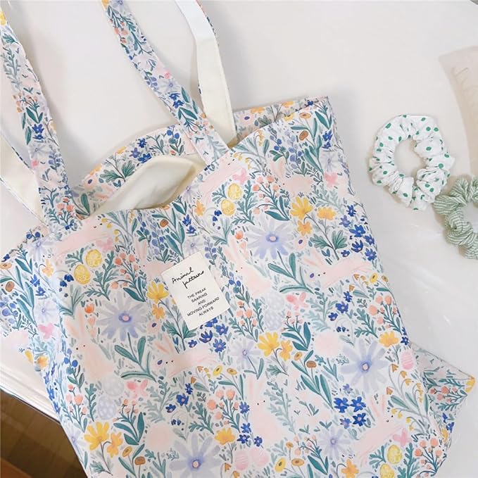 Cotton Canvas Tote Bag Reusable Soft Grocery Cloth Bag Floral Shoulder Bag for Beach Travel Shopping