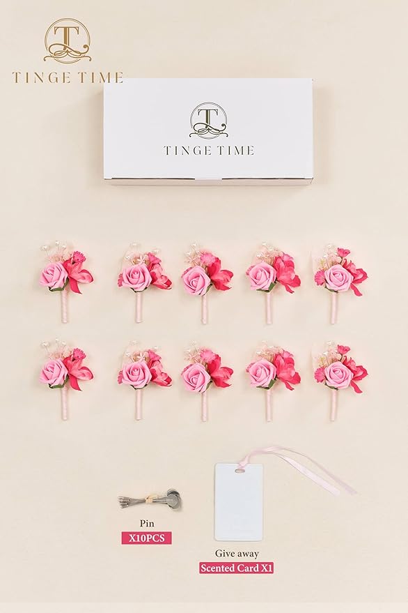 TINGE TIME Boutonniere for Men Wedding,Groom and Best Man Boutonniere for Wedding Ceremony Anniversary, Formal Dinner Party and Rustic Spring Wedding Marriage (10, HotPink)