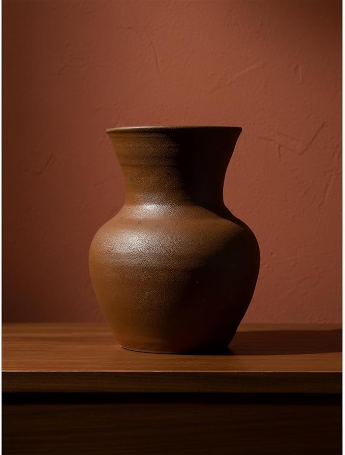 6.3IN Rustic Farmhouse Ceramic Vase Home Decor,Handmade Vintage Stoneware Clay Pottery Terracotta Textured for Modern Farmhouse, Living Room, Office Desk Table Shelf(Dark Brown)