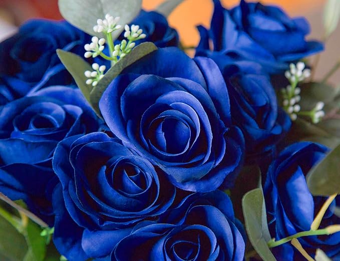 DuHouse 10pcs Fake Roses Artificial Silk Flowers Faux Rose Flower Long Stems Bouquet for Arrangement Wedding Centerpiece Party Home Kitchen Decor (Royal Blue)