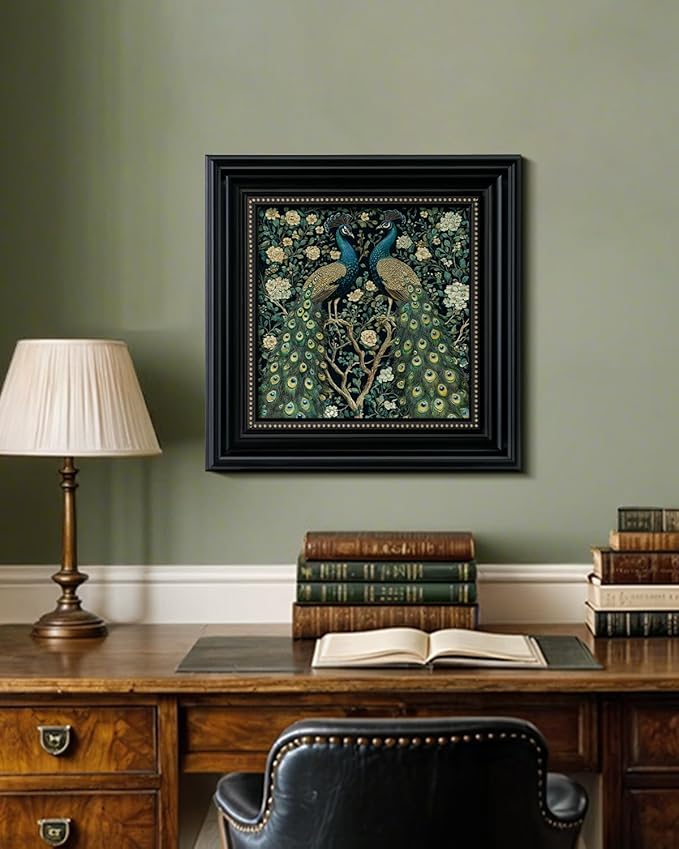 3D Textured Framed Peacock Wall Art 16x16 Vintage Floral Botanical Decor Sandstone Surface, Victorian Antique Bird Painting Black Frame Gold Dot Accents, Classic Peacock Artwork Home Shop Decor
