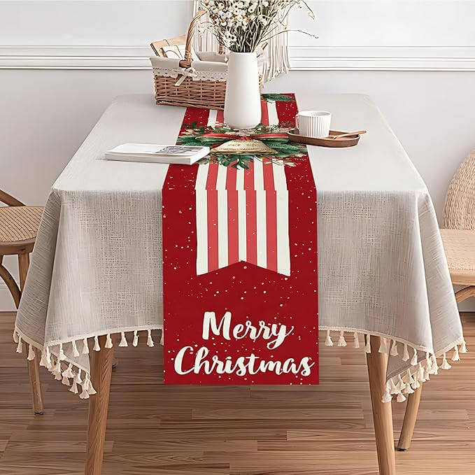 Christmas Table Runner– Elegant Merry Christmas Design with Golden Bell, Greenery & Red Bow, Festive Holiday Table Decoration for Dining Table, Kitchen & Home Décor