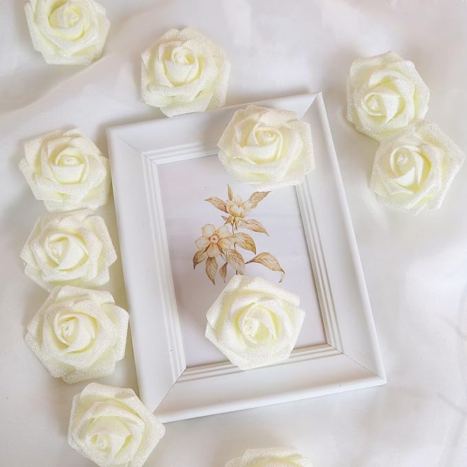 30 pcs Glitter Roses Ivory Artificial Foam Rose Artificial Glitter Flowers with Stem, Foam Glitter Rose for Wedding Party Office Baby Shower Home Decoration(Ivory