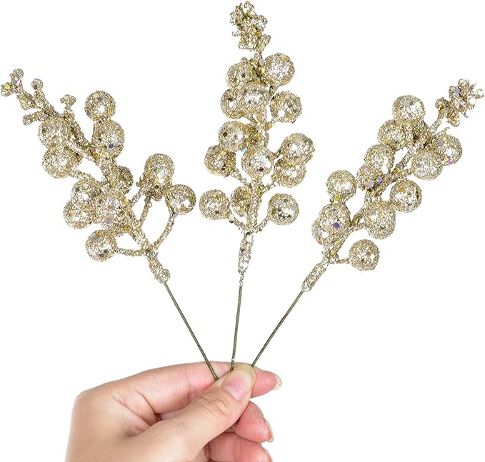 Lvydec 16pcs Christmas Glitter Berries Stems, 7.8" Artificial Christmas Picks for Christmas Tree Ornaments, DIY Xmas Wreath, Crafts, Holiday and Home Decor (Champagne)
