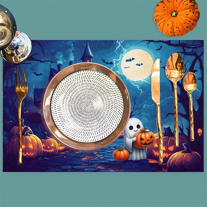 Halloween Cute Ghosts Pumpkin Placemats Set of 4 PVC Vinyl Non Slip Table Mats Heat Resistant Place Mats Washable Wipeable Dining Table Mat for Kitchen Decor Party Indoor Outdoor Decorative Gift