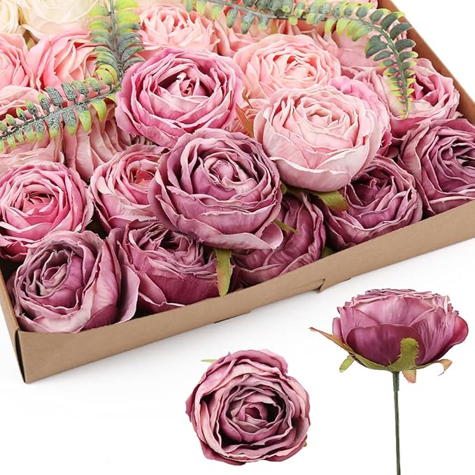 IPOPU Roses Heads Dried Silk Flowers 25PCS Fake Roses Heads for Floral Arrangements Roses Artificial Flowers for Silk Bouquet Bulk Wedding Flowers in Purple Bulk Silk Roses (Light Pink Purple Mixed)