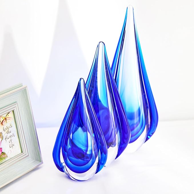 Luxury Lane Hand Blown Water Drop Sommerso Art Glass Sculpture for Home Decor 11 inch Tall Centerpiece Table Decoration
