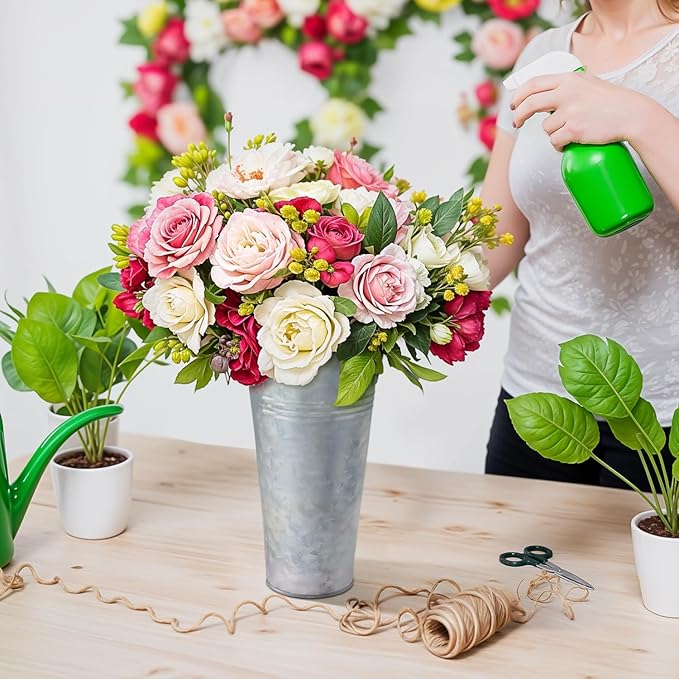 Plexon 9" Tall Galvanized Metal Vase for Flowers, Metal Flower Container with Handles, Farmhouse French Tin Vases for Flowers Ideal for Sparkler Bucket Wedding Home Decor, Set of 12