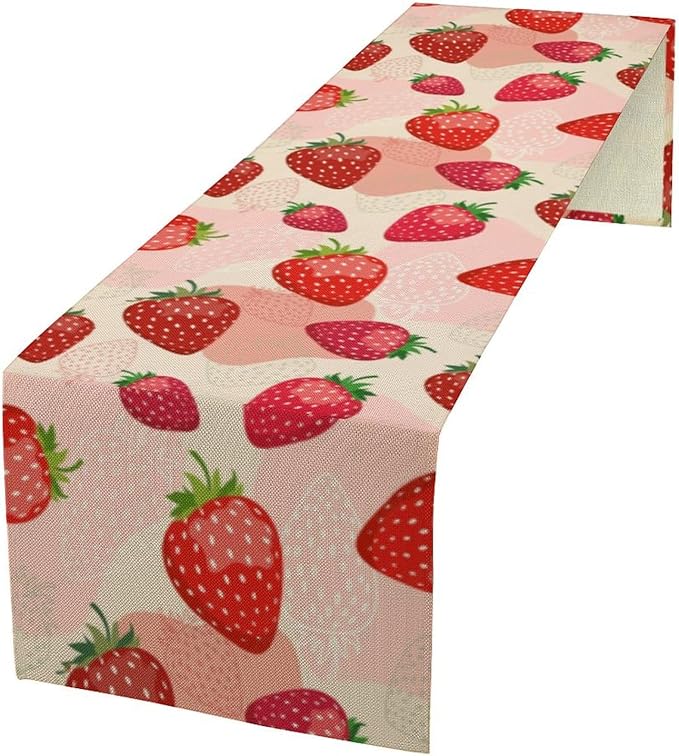 Strawberry Table Runner, Spring Summer Fruit Birthday Party Decoration Dining Room Home Kitchen Table Decor 13 x 36In