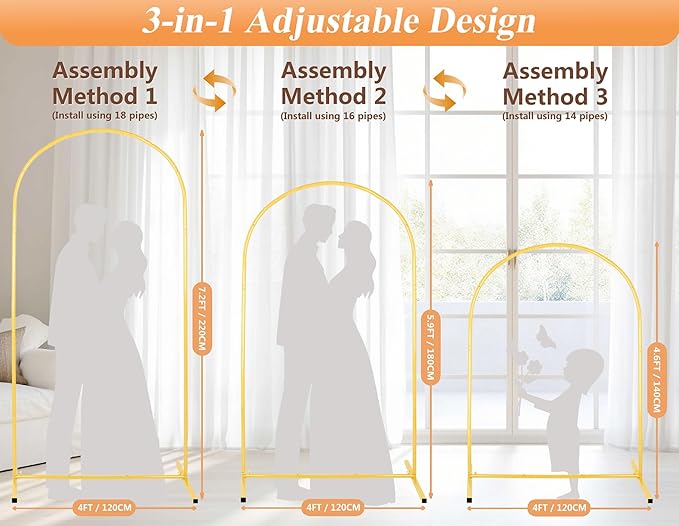7.2FT Adjustable Wedding Balloon Gold Metal Arch Backdrop Stand, Tool Free Assembly Arch Frame for Birthday Flower Party Bridal Baby Shower Garden Floral Valentine Ceremony Outdoor Indoor Event Decor