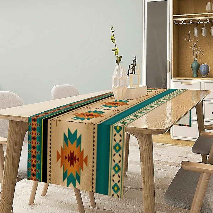 Aztec Southwest Table Runner, Ethnic Style Design Geometric Triditional Kitchen Table Runners Table Setting Decor for Garden Farmhouse Wedding Party Holiday Dinner Home, 13x90 Inch